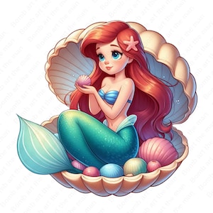 little mermaid clipart, princess ariel png, little mermaid in seashell clipart, instant download