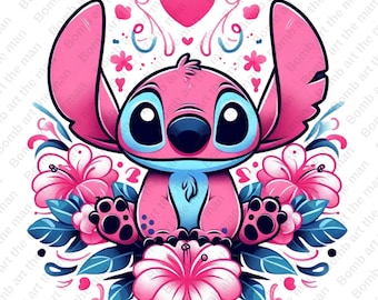Könnte beinhalten: Eine rosa und blaue Comicfigur mit großen Augen und einem breiten Lächeln, die auf einem Bett aus rosa Blumen sitzt. Die Figur ist von rosa Herzen und Blumen umgeben.