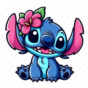May include: A blue cartoon character with large eyes and a pink flower on its head. The character is sitting with its legs crossed and has a big smile.
