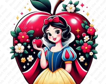 Snow White Clipart, Princess png, cute snow white png, apple background, transparent design, instant download