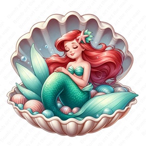 little mermaid clipart, princess ariel png, little mermaid in seashell clipart, instant download