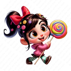 May include: A cartoon illustration of a girl with brown hair, wearing a pink hoodie and striped pants, holding a colorful lollipop.