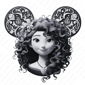 Princess Merida clipart, Brave png, merida png, black and white design, instant download
