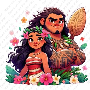 princess moana and maui clipart, moana png, maui png, cute moana design, transparent background