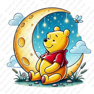 Winnie the Pooh on the Moon clipart, Winnie the Pooh png, cute bear clipart, transparent design, instant download
