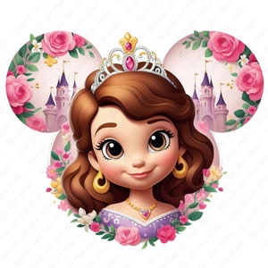 Puede incluir: Una ilustración de dibujos animados de una princesa con cabello castaño que lleva una corona dorada y un vestido morado. Está rodeada de flores rosas y un castillo rosa en el fondo.