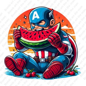 captain america funny clipart, captain america eating watermelon, summer clipart, funny hero png, instant download