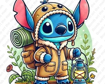 Imágenes prediseñadas de Stitch para acampar, imágenes prediseñadas de Stitch lindas, imágenes prediseñadas de camping, diseño transparente, descarga instantánea