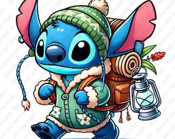 Imágenes prediseñadas de Stitch para acampar, imágenes prediseñadas de Stitch lindas, imágenes prediseñadas de camping, diseño transparente, descarga instantánea