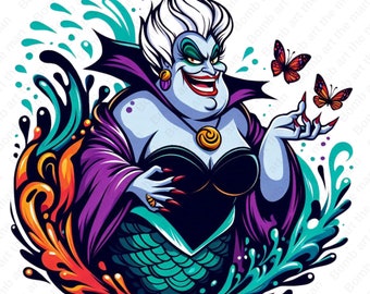 clipart di villain ursula, principessa ariel png, strega del mare png, design della sirenetta, download immediato