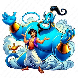 May include: A blue genie with a long black ponytail and a gold earring smiles at a young man with brown hair and a purple vest. The genie is holding out his hand, and the man is standing with his arms outstretched. The genie is surrounded by white clouds.