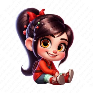 May include: A cartoon illustration of a young girl with brown hair, wearing a red shirt, green and white striped pants, and red shoes. She has a red bow in her hair and is sitting with her legs crossed.