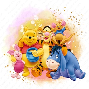 Imágenes prediseñadas de Winnie the Pooh y sus amigos, lindo Winnie the Pooh png, fondo de acuarela, descarga instantánea