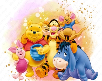 Winnie the pooh and friends clipart, cute winnie the pooh png, watercolor background, instant download