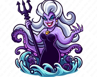 Villain Ursula clipart, Princess Ariel png, Sea Witch png, transparent design, instant download