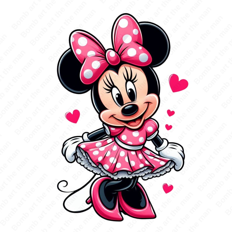 Op de afbeelding: Een cartoonillustratie van Minnie Mouse die een roze gebloemde jurk en rode schoenen draagt. Ze heeft een grote rode strik met witte stippen in haar haar. Er zijn verschillende roze harten om haar heen.