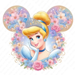 May include: A digital illustration of Cinderella, a Disney princess, with a crown and a blue dress. She is surrounded by a wreath of pink, blue, and white flowers. The background is a sparkly blue and gold.