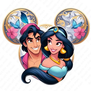 princess jasmine and aladdin png, princess jasmine clipart, aladdin clipart, mouse ear design, instant download