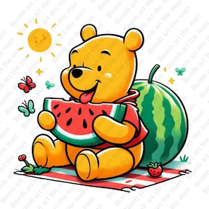 winnie the pooh funny clipart, winnie the pooh eating watermelon, cute summer clipart, instant download