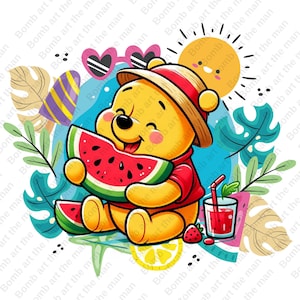 winnie the pooh funny clipart, winnie the pooh eating watermelon, cute summer clipart, instant download