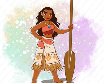 Princess Moana clipart, cute moana png, watercolor background, instant download