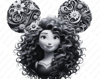 Princess Merida Clipart, Brave png, Merida png, schwarz weiß design, sofort Download