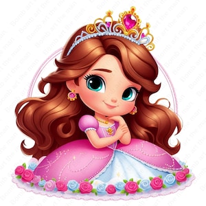 May include: A cartoon princess with long brown hair, wearing a pink dress and a gold crown with a red jewel. She is surrounded by pink, blue, and white roses.