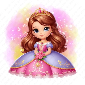 May include: A digital illustration of a princess with brown hair, blue eyes, and a gold crown. She wears a pink and purple gown and holds a bouquet of pink roses. The background is a watercolor wash of pink, yellow, and white.