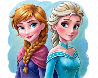 Anna and Elsa png, cute frozen clipart, frozen princess clipart, instant download