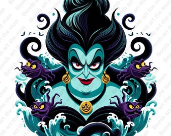 Clipart della cattiva Ursula, png della principessa Ariel, png della strega del mare, design della sirenetta, download immediato