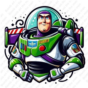 Puede incluir: Una ilustración de dibujos animados de Buzz Lightyear, un ranger espacial de la franquicia Toy Story. Lleva su traje espacial verde y morado característico con un botón rojo en el pecho. Tiene una expresión decidida en su rostro y está de pie con los brazos cruzados.