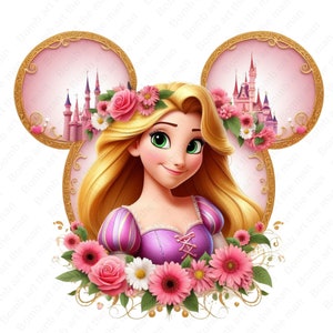 May include: A digital illustration of Rapunzel, a Disney princess with long blonde hair, wearing a purple dress with a pink flower crown. She is surrounded by pink and white flowers and a pink castle is visible in the background.