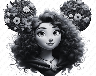 Princess Merida Clipart, Brave png, Merida png, schwarz weiß design, sofort Download