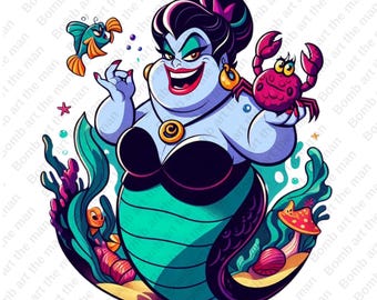 Clipart della cattiva Ursula, png della principessa Ariel, png della strega del mare, design della sirenetta, download immediato