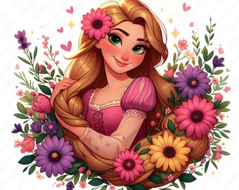 以下が含まれることがあります： 長い金髪の女性のイラスト。ピンクの花で飾られ、カラフルな花と緑に囲まれています。レースのトリムが付いたピンクのドレスを着ています。画像は、ハートと輝きのある漫画スタイルです。