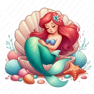 little mermaid clipart, princess ariel png, little mermaid in seashell clipart, instant download