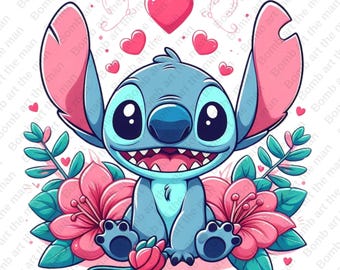 Stitch cute png, Stitch clipart, Stitch floral design, instant download