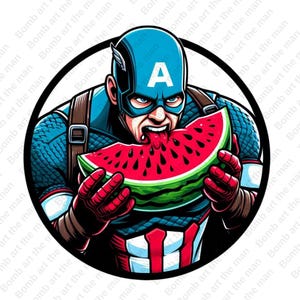captain america funny clipart, captain america eating watermelon, summer clipart, funny hero png