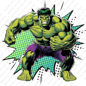 May include: A green comic book character, the Hulk, is shown in a crouching pose with his fists clenched. He is wearing purple trousers and is set against a background of a green and blue comic book style explosion.