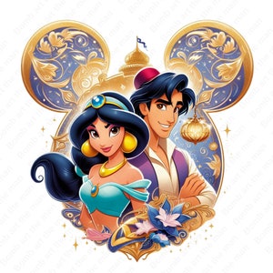 Princess Jasmine and Aladdin png, Princess Jasmine clipart, Aladdin clipart, mouse ear design, instant download