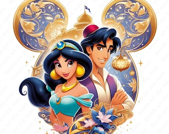 Princess Jasmine and Aladdin png, Princess Jasmine clipart, Aladdin clipart, mouse ear design, instant download