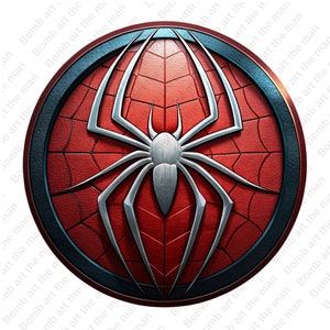 Peut inclure: Un design de toile d'araignée rouge et blanche avec une araignée argentée au centre. Le design est sur un fond rond bleu et noir.