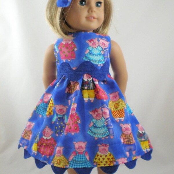 American Girl Doll Dress Rick Rack  Pigs in LOVE with Matching Hair Bow and FREE Hanger