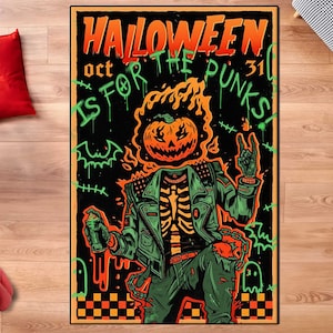 Punk Pumpkin,Halloween Rug, Halloween Decor, Halloween Room Decor, Pumpkin rug, Happy Halloween Rug, Black Cat, Trick Or Treat, Halloween