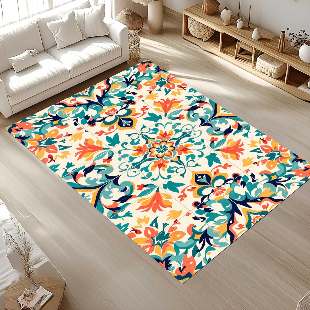 Floor Rug Pattern Vintage Tile Pattern Floor Rug: Colorful Living Room Decor - Etsy UK