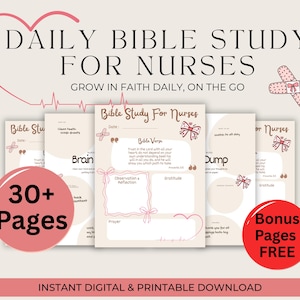 May include: Digital printable Bible study pages for nurses. The design features a pink and beige color scheme with decorative bows and hearts. Includes over 30 pages with prompts for reflection and gratitude. Instant download.