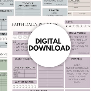 Op de afbeelding: Een printbare dagelijkse planner met een lichtgrijs en roze kleurenschema. De planner bevat secties voor geloof, dagelijkse kracht, slaap, waterinname, maaltijdtracking en dankbaarheid. De tekst "Digitale download" is over de afbeelding gelegd.