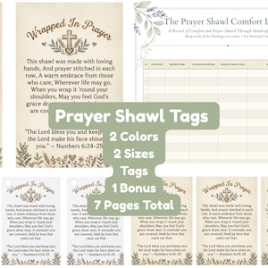 May include: A collection of prayer shawl tags and a ledger. The tags feature text about prayer and comfort, with a cross and floral design. The ledger is for recording blessings. The tags come in 2 colors and 2 sizes.