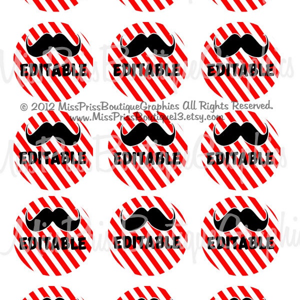 4x6 - EDITABLE PDF - MUSTACHE - Instant Download-  Striped Mustaches- Editable PDFs - Editable Bottlecap Digital Collage Image No. 893