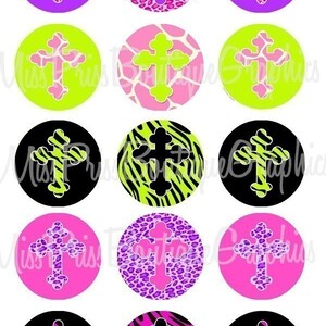 May include: Twelve round stickers with a cross design. The crosses are in various colors and patterns, including pink, purple, green, black, and zebra print.